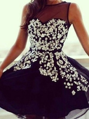 A-Line/Princess Sleeveless Scoop Applique Tulle Short/Mini Dresses