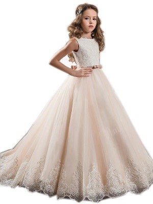 Ball Gown Jewel Sleeveless Lace Sweep/Brush Train Tulle Flower Girl Dresses