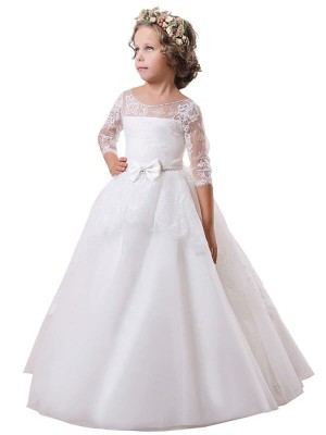 Ball Gown Jewel Long Sleeves Lace Sweep/Brush Train Satin Flower Girl Dresses