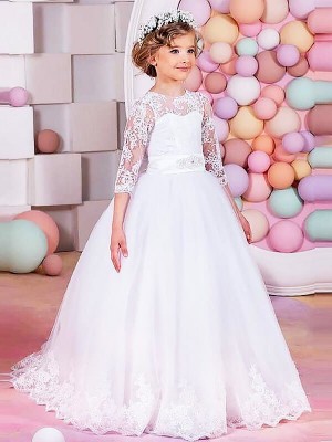 Ball Gown Jewel 1/2 Sleeves Lace Sweep/Brush Train Tulle Flower Girl Dresses
