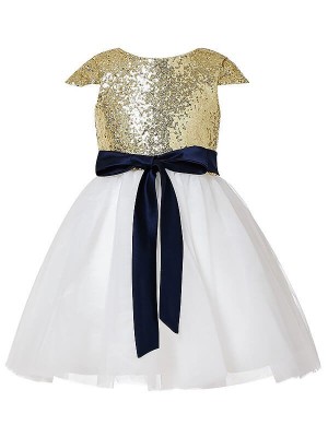 A-Line/Princess Short Sleeves Jewel Sequins Tulle Tea-Length Flower Girl Dresses