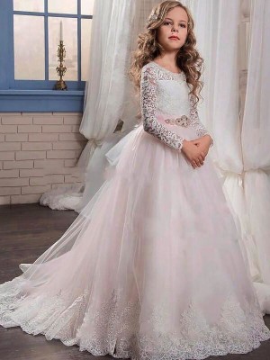 Ball Gown Jewel Long Sleeves Lace Sweep/Brush Train Tulle Flower Girl Dresses