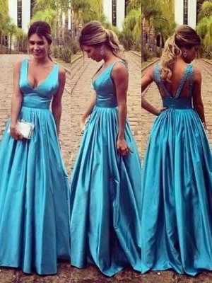 A-Line/Princess Sleeveless V-neck Elastic Woven Satin Ruched Floor-Length Dresses