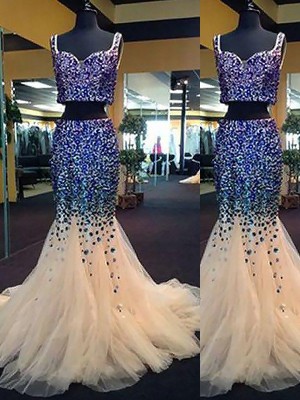 Trumpet/Mermaid Sweetheart Sleeveless Tulle Beading Sweep/Brush Train Two Piece Dresses