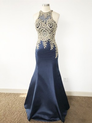 Trumpet/Mermaid Sleeveless Scoop Applique Sweep/Brush Train Satin Dresses