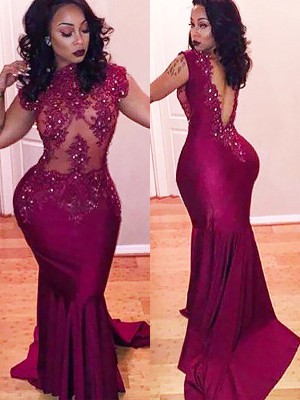 Trumpet/Mermaid Scoop Satin Sleeveless Beading Sweep/Brush Train Dresses