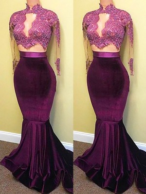Trumpet/Mermaid High Neck Satin Long Sleeves Applique Sweep/Brush Train Dresses