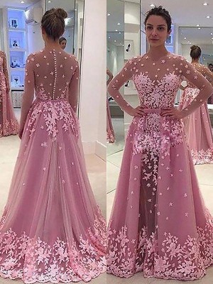 A-Line/Princess Scoop Long Sleeves Applique Tulle Floor-Length Dresses
