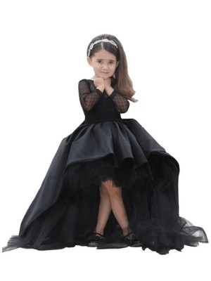 Ball Gown Scoop Long Sleeves Sash/Ribbon/Belt Sweep/Brush Train Satin Flower Girl Dresses