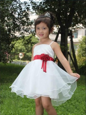 A-line/Princess Spaghetti Straps Hand-made Flower Short Organza Flower Girl Dresses