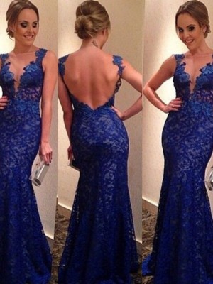 Trumpet/Mermaid V-neck Sleeveless Applique Sweep/Brush Train Lace Dresses