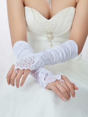 Romantic Lace Satin Beading Wedding Gloves