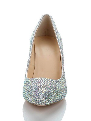 Women's Cone Heel Sheepskin Closed Toe With Rhinestone Silver Wedding Shoes