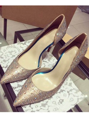 Women's Satin Closed Toe Cone Heel With Rhinestone High Heels