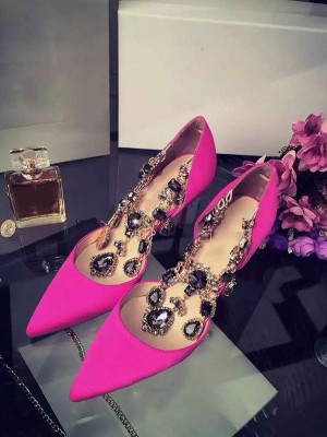 Women's Satin Stiletto Heel Closed Toe With Rhinestone Chain High Heels