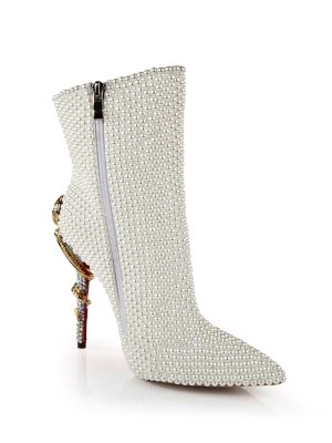 Women's Patent Leather Stiletto Heel With Pearl Mid-Calf White Boots