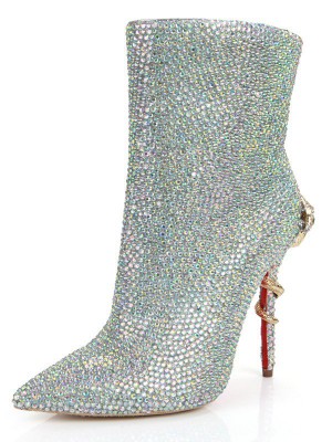 Women's Stiletto Heel Closed Toe Sheepskin With Rhinestone Mid-Calf Silver Boots