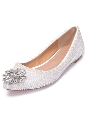 Women's Patent Leather Closed Toe Flat Heel With Pearl Rhinestone Casual Flat Shoes
