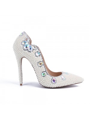Women's Stiletto Heel Patent Leather Closed Toe With Pearl White Wedding Shoes