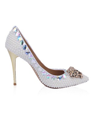 Women's Patent Leather Closed Toe Stiletto Heel With Rhinestone Pearl High Heels