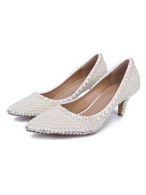 Women's Patent Leather Closed Toe Cone Heel With Pearl White Wedding Shoes