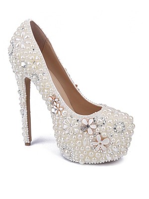 Women's Patent Leather Closed Toe Stiletto Heel With Pearl Rhinestone White Wedding Shoes