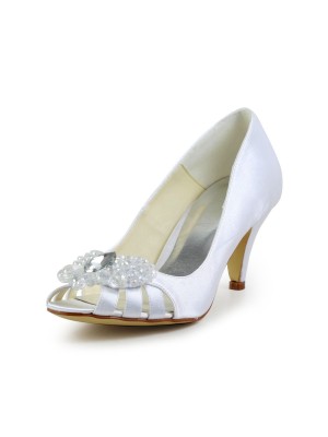Women's Satin Cone Heel Peep Toe Sandals White Wedding Shoes With Hollow-out