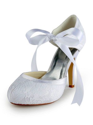 Women's Satin Stiletto Heel Pumps with Lace White Wedding Shoes