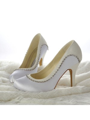 Women's Stiletto Heels Closed-toe Beading White Wedding Shoes