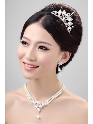 Stunning Pearls Alloy Clear Crystals Wedding Headpieces Necklaces Earrings Set