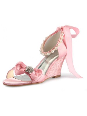Women's Satin Wedge Heel Peep Toe With Rhinestone Pearl Bowknot Pink Wedding Shoes