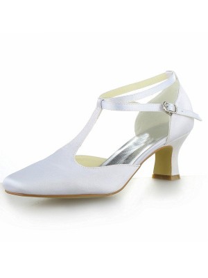 Women's White Satin Closed Toe Chunky Heel With Buckle High Heels