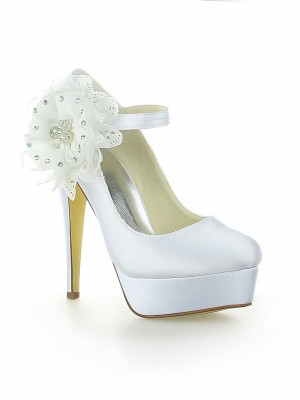 Women's Satin Platform Closed Toe With Flower Stiletto Heel White Wedding Shoes
