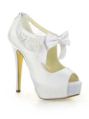 Women's Satin Lace Platform Peep Toe With Bowknot Stiletto Heel White Wedding Shoes