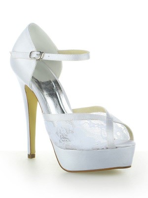 Women's Satin Lace Platform Peep Toe With Buckle Stiletto Heel White Wedding Shoes