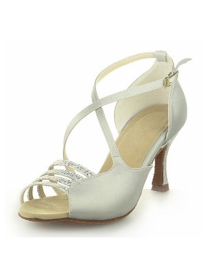 Women's Peep Toe Satin Spool Heel With Buckle Ivory Wedding Shoes