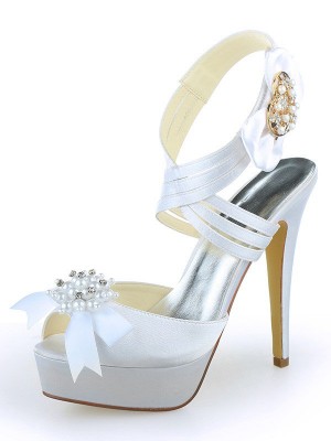 Women's Satin Peep Toe Platform Stiletto Heel With Pearl White Wedding Shoes