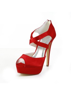 Women's Trendy Satin Peep Toe Stiletto Heel Red Wedding Shoes