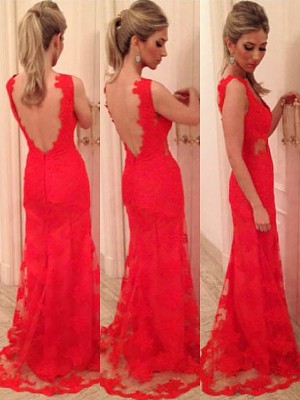 Trumpet/Mermaid V-neck Applique Sleeveless Lace Backless Floor-length Dress