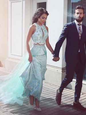 A-Line/Princess Halter Sleeveless Sweep/Brush Train Lace Tulle Two Piece Dresses