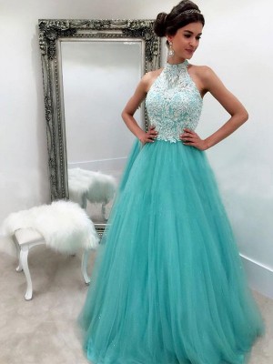 A-Line/Princess Halter Sleeveless Floor-Length Lace Tulle Dresses