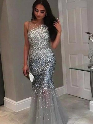 Trumpet/Mermaid Jewel Sleeveless Floor-Length Sequin Tulle Dresses