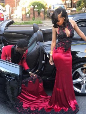 Sheath/Column Jewel Sleeveless Sweep/Brush Train Applique Silk like Satin Dresses