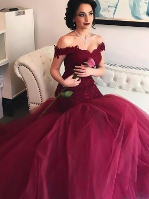 Trumpet/Mermaid Off-the-Shoulder Sleeveless Floor-Length Lace Tulle Dresses