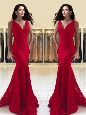 Trumpet/Mermaid V-neck Sleeveless Floor-Length Ruffles Lace Dresses