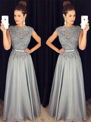 A-Line/Princess Bateau Sleeveless Floor-Length Applique Chiffon Dresses
