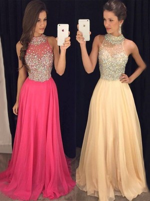 A-Line/Princess Halter Sleeveless Floor-Length Beading Chiffon Dresses