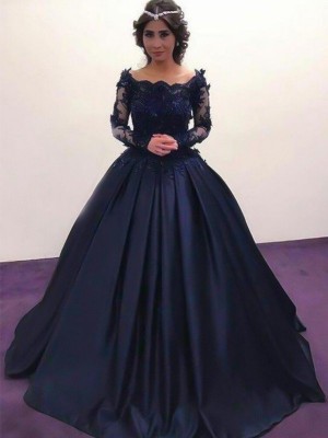 Ball Gown Bateau Long Sleeves Sweep/Brush Train Applique Satin Dresses