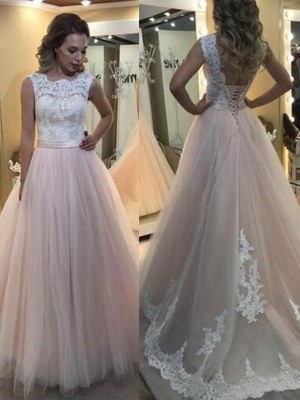 A-Line/Princess Bateau Sleeveless Sweep/Brush Train Lace Tulle Dresses