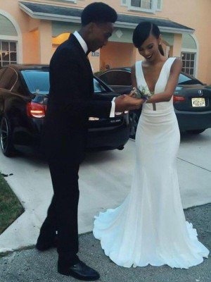 Sheath/Column V-neck Sleeveless Sweep/Brush Train Ruffles Satin Wedding Dresses